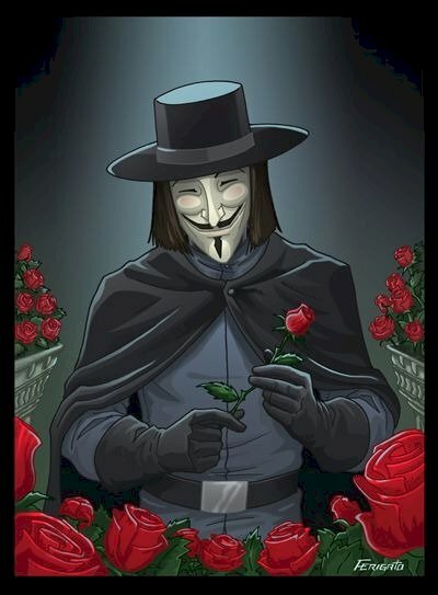 Ảnh hacker Anime trong chiếc mặt Anonanymous trên tay cầm hoa hồng đỏ