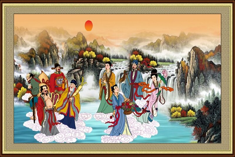 Tranh Bát Tiên hội tụ, phía sau là khung cảnh thác nước hùng vĩ