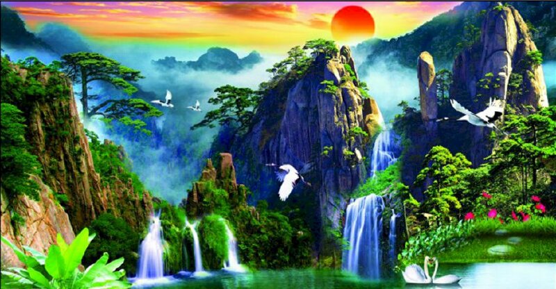 Tranh mặt trời đỏ rực buổi sương mai trên đỉnh núi mang nét đẹp văn hóa phương Đông