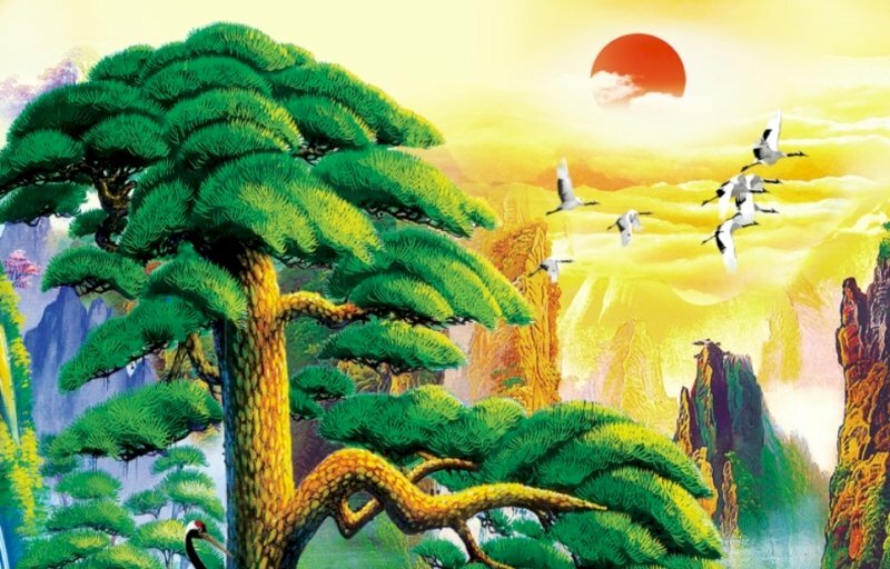 Tranh Nhật Xuất Thiên Sơn tuyệt đẹp với hình ảnh bình minh rực rỡ trên đỉnh núi