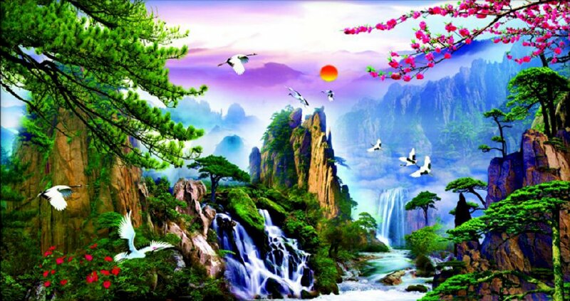 Tranh Nhật Xuất Thiên Sơn 3D với phong cảnh thanh bình thiên nhiên hoang dã phù hợp in tranh canvas cho người mệnh Thổ trang trí nhà