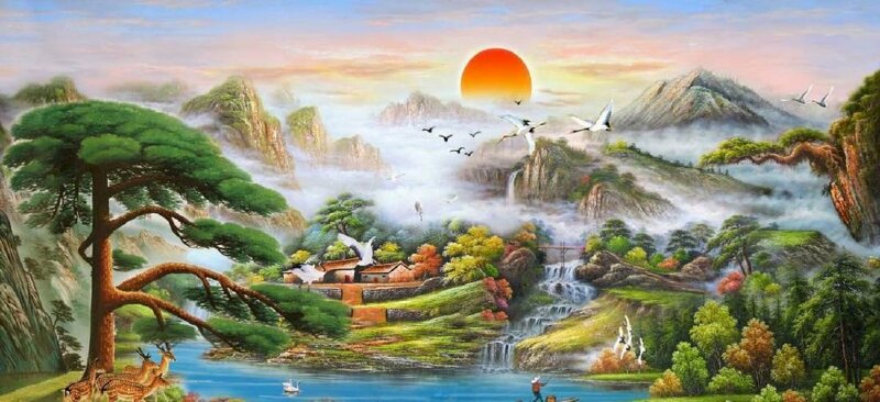 Tranh Nhật Xuất Thiên Sơn đẹp nhất mặt trời tỏa nắng trên miền quê thanh bình