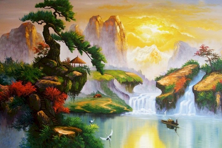 Tranh Nhật Xuất Thiên Sơn mang phong cách Trung Quốc với cảnh sơn thủy thiên nhiên tuyệt đẹp