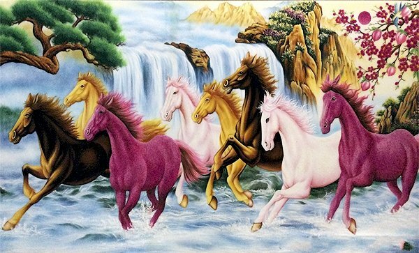 Tranh mã đáo thành công ngựa đang chạy trước thác nước không có ngựa quay đầu