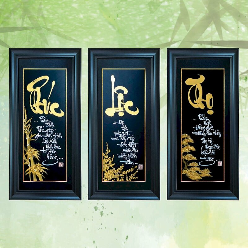 Tranh chữ Phúc Lộc Thọ thư pháp trên nền đen sang trọng