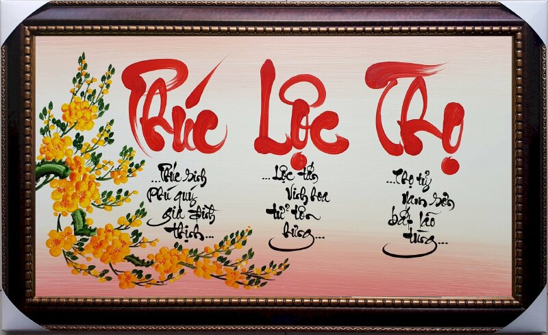 Tranh chữ Phúc Lộc Thọ thư pháp hoa mai nỡ chúc mừng năm mới