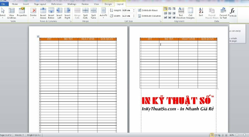 Cách in lặp tiêu đề trong Word bằng Repeat Header Rows