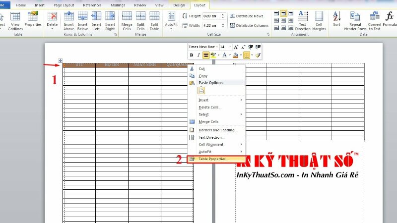Bước 2: Cách in lặp tiêu đề trong Word bằng Table Properties