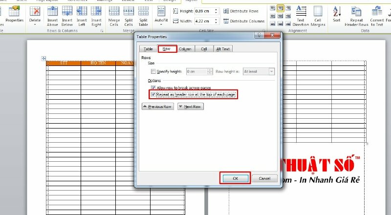 Bước 3: Cách in lặp tiêu đề trong Word bằng Table Properties
