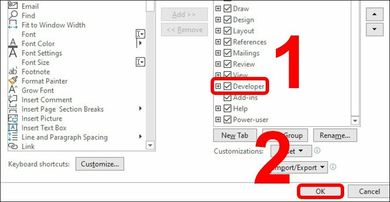 Bước 3: Chọn Developer rồi bấm OK.