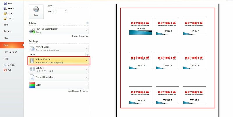 Kết quả in 9 slide trên 1 trang
