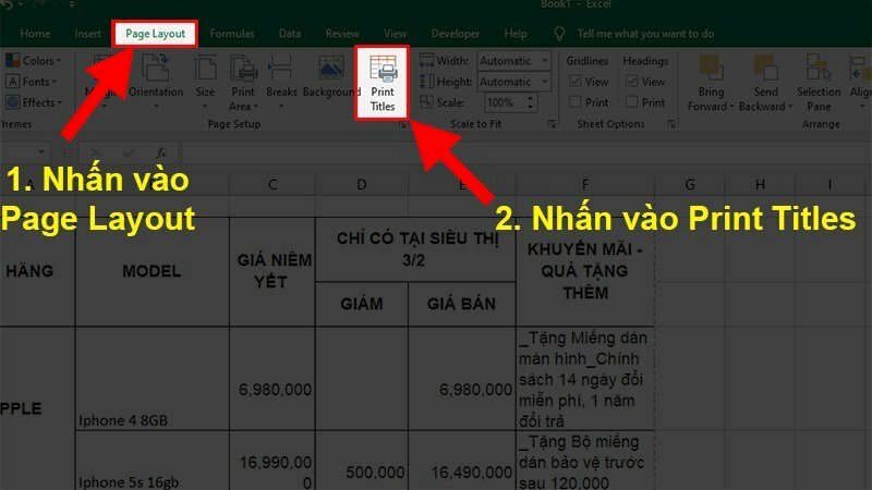 Mở thẻ Page Layout > Chọn Print Titles