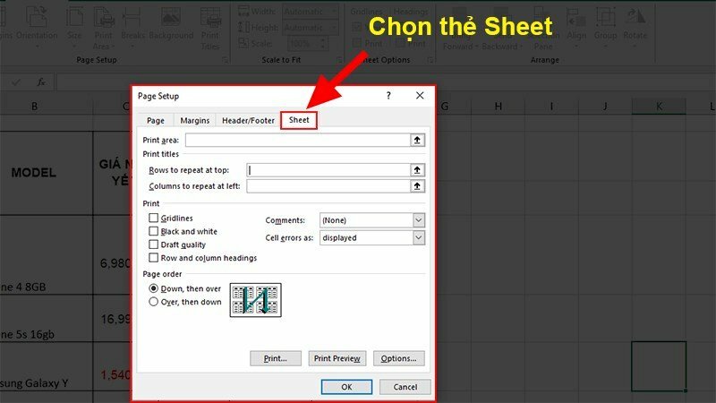 Page Setup hiện lên > Chọn thẻ Sheet