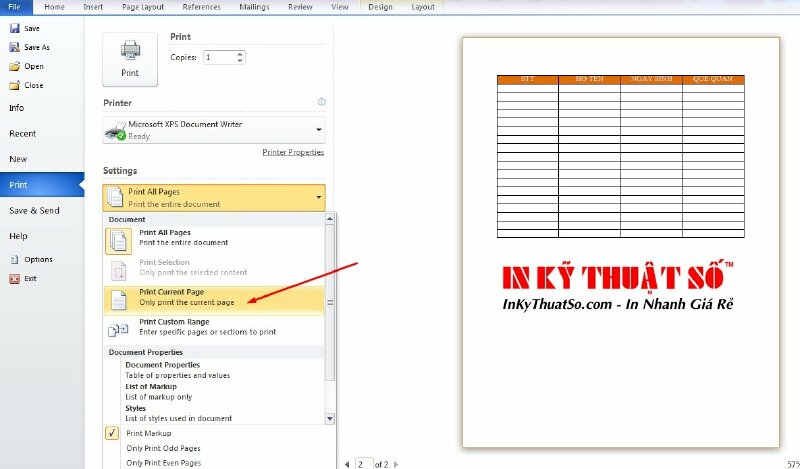 Bước 2: Thiết lập in từng trang trong Word