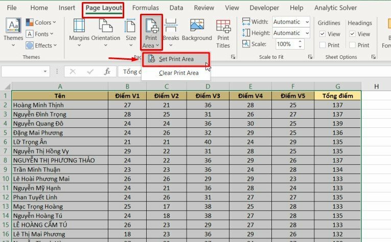 Thiết lập vùng in (Set Print Area) trong Excel