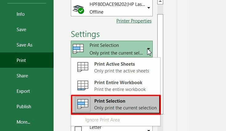 Chọn Print Selection trong cửa sổ in Excel