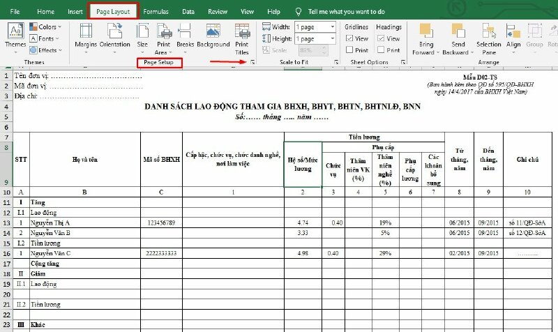 Truy cập cài đặt Page Setup trong Excel