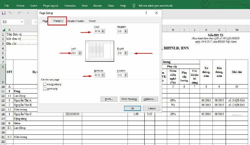 Hộp thoại cài đặt lề trang in (Page Setup) trong Excel