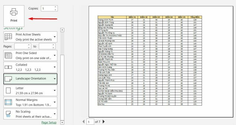 Xem trước bản in Excel theo hướng ngang