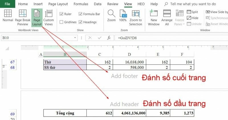 Cách in số trang trong Excel bằng cách chọn chế độ xem Page Layout rồi thêm Header/Footer - InKyThuatSo