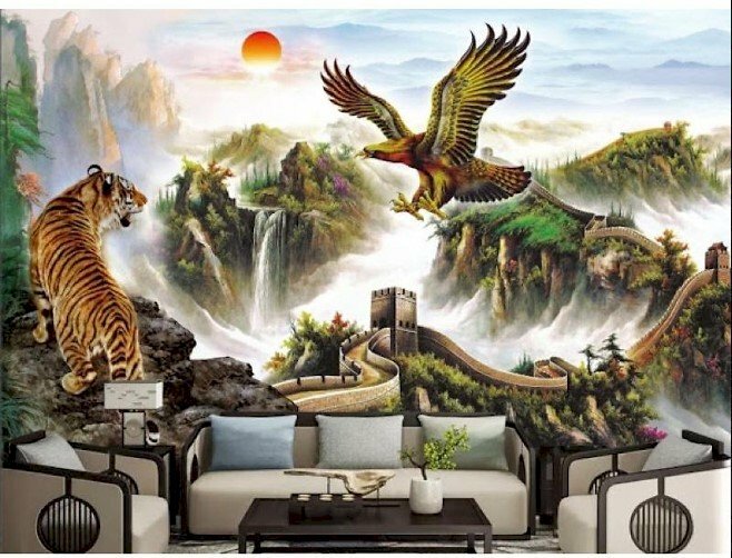 Tranh anh hùng tương ngộ dán tường 3D trang trí phòng khách ấn tượng