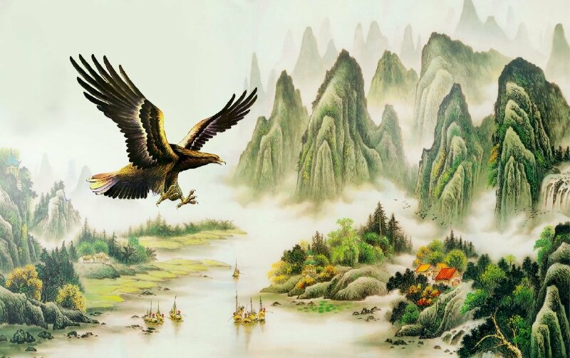 Tranh đại bàng tung cánh vẽ sơn dầu hình ảnh đại bàng giữa khung cảnh thiên nhiên hùng vĩ thật uy nghiêm, dũng mãnh