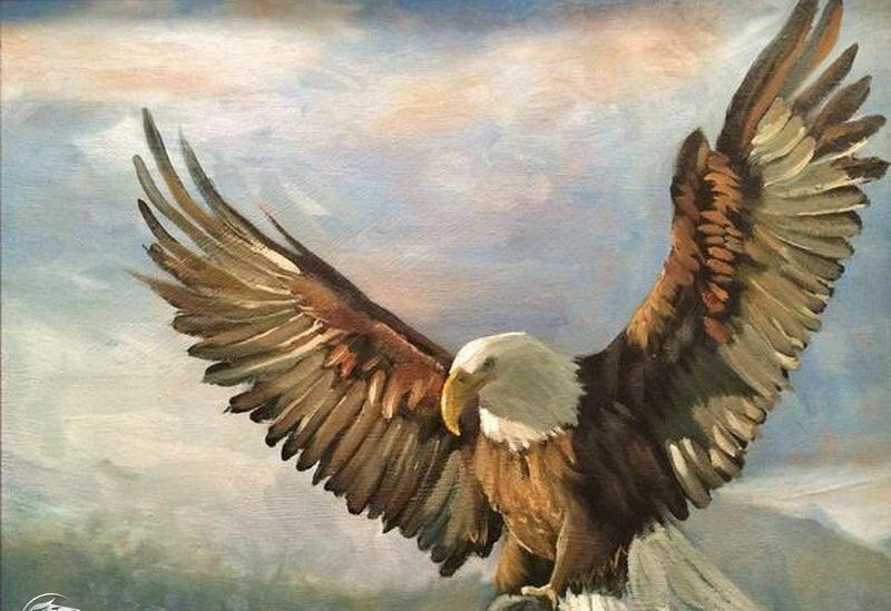 Tranh đại bàng tung cánh vẽ sơn dầu hình ảnh chim đại bàng với đôi mắt xanh thật uy quyền