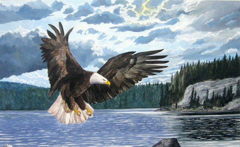 Ölgemälde eines Adlers, der seine Flügel ausbreitet, die Augen immer auf das Ziel gerichtet