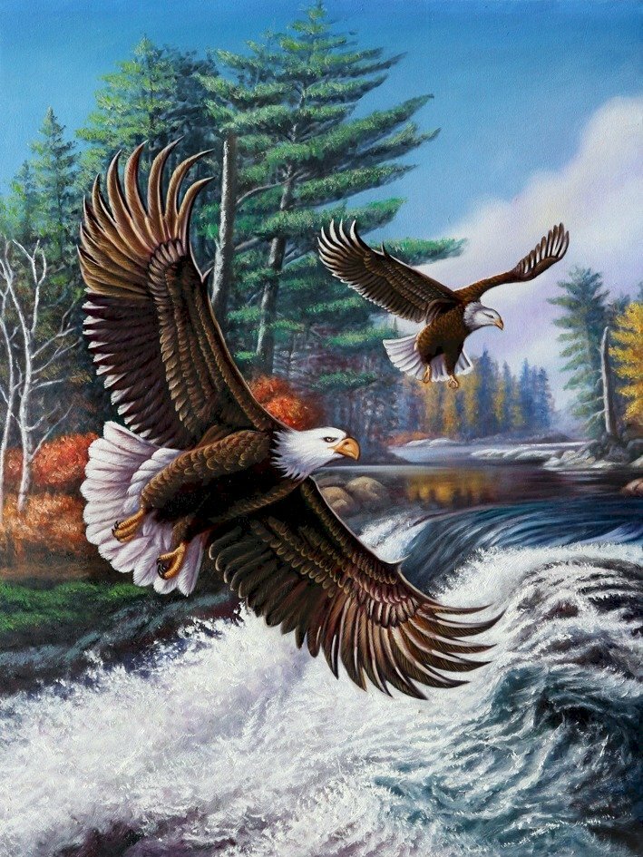 Ölgemälde von Adlern, die ihre Flügel vertikal ausbreiten und starke Flügel von Adlern darstellen