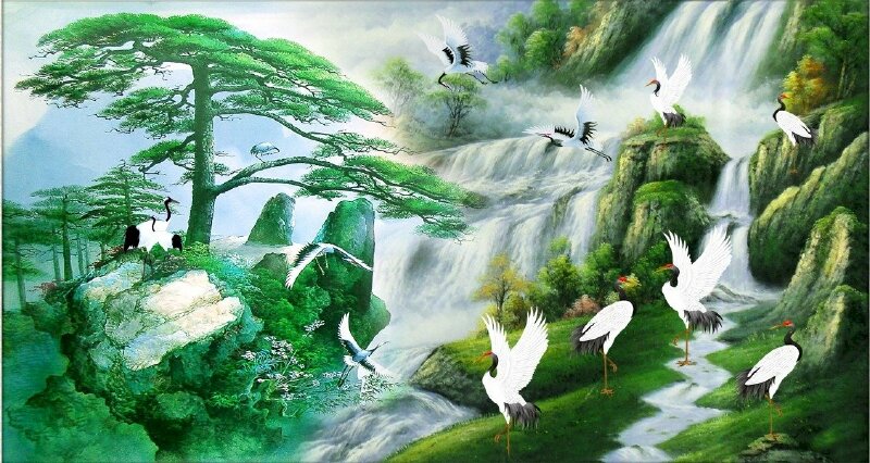 Tranh tùng hạc diên niên khung cảnh thiên niên sơn thuỷ đẹp hút mắt nhìn