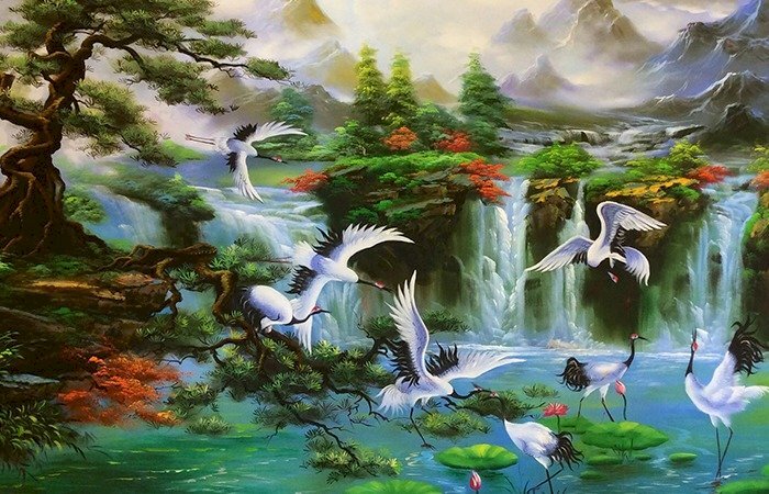 Tranh sơn thuỷ tùng hạc diên niên đẹp huyền ảo
