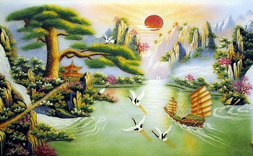  Tranh sơn thuỷ tùng hạc diên niên hình ảnh chim hạc bay về bên cây tùng mang nhiều ý nghĩa may mắn, thành công