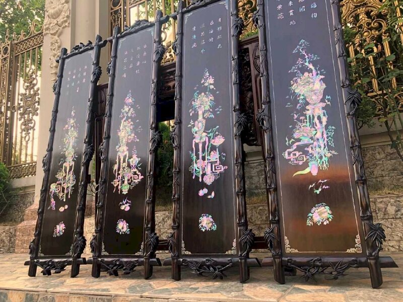 Tranh Tứ Bình khảm ốc đẹp khung trúc