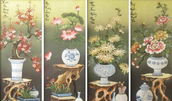 Tranh Tứ Bình màu vẽ trên giấy dó tone màu cũ nhẹ nhàng
