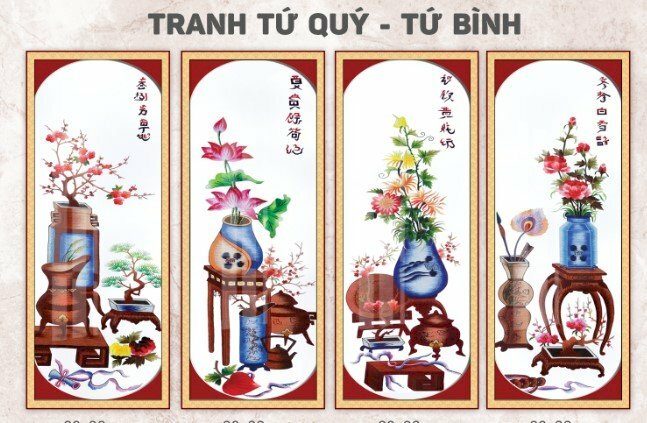 Bộ tranh Tứ Bình màu rực rỡ trang trí đẹp đón xuân sang