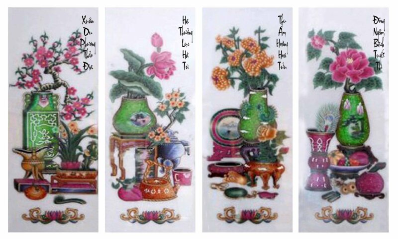 Bộ tranh Tứ Bình màu Đào - Sen - Cúc - Hồng