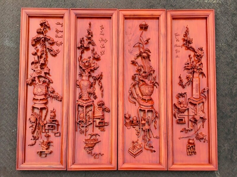 Bộ tranh Tứ Bình Đông Bích Tùng Cúc Sen Mai đục khắc từ gỗ hương đỏ nam phi tuyệt đẹp