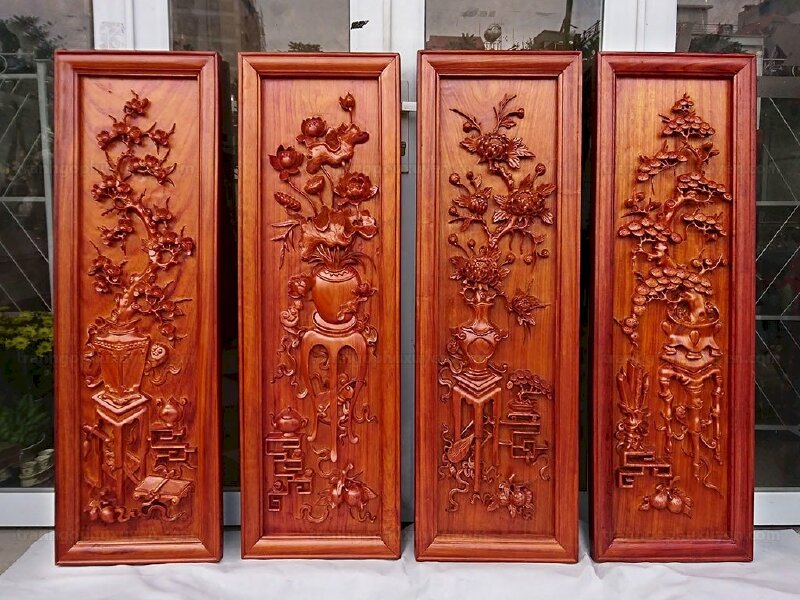 Bộ tranh Tứ Bình gỗ hương đục tay cao cấp, đẹp 
