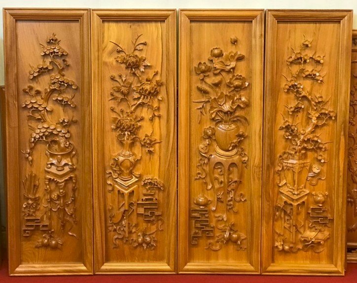 Bộ tranh Tứ Bình Tùng, Cúc, Sen, Mai gỗ gõ đỏ đẹp tinh tế