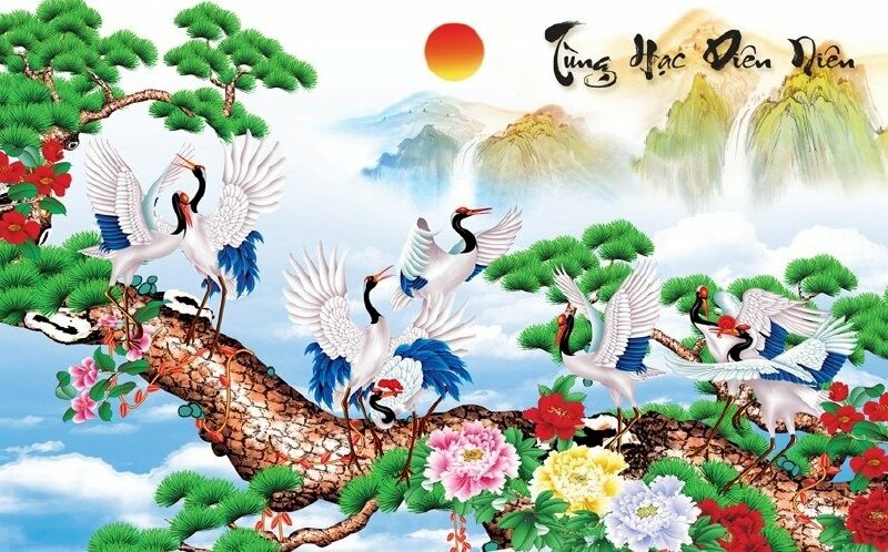 Tranh tùng hạc diên niên nhiều màu sắc đẹp rực rỡ mang lại nhiều may mắn bình an