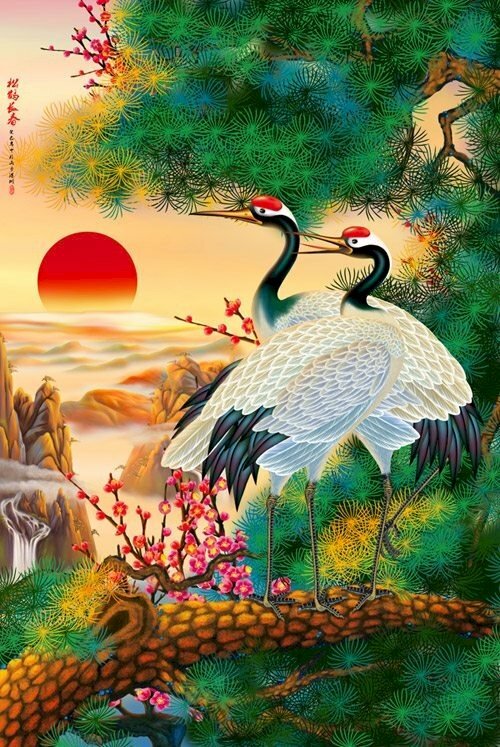 Tranh tùng hạc diên niên khổ dọc nhiều màu sắc trang trí không gian đẹp 
