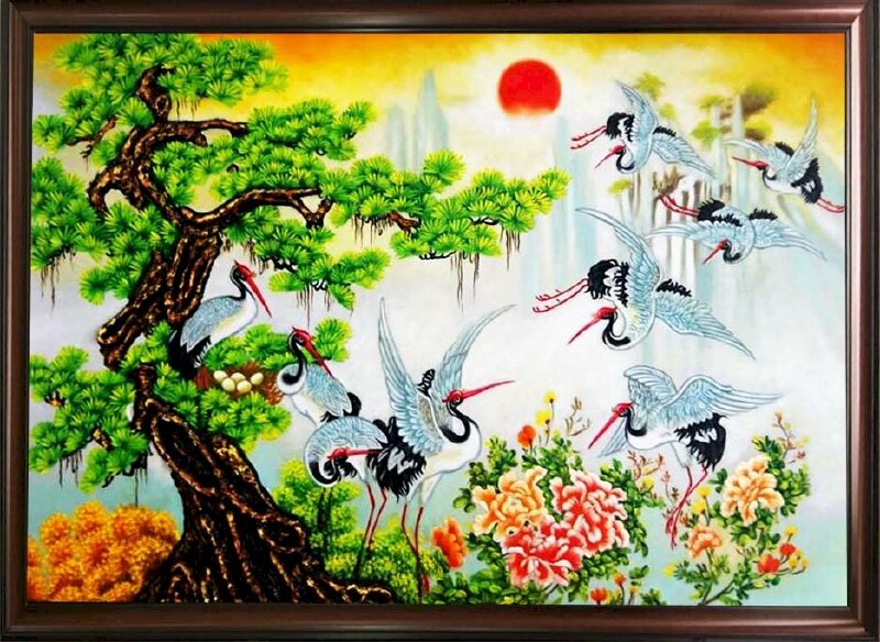 Mẫu tranh tùng hạc diên niên hoạ tiết sắc màu đẹp đóng khung gỗ sang trọng