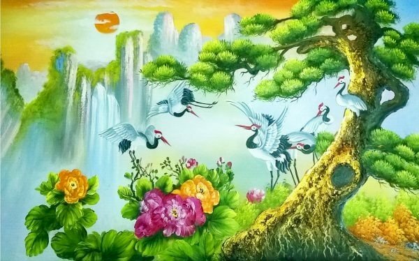 Tranh tùng hạc diên niên đẹp rực rỡ 