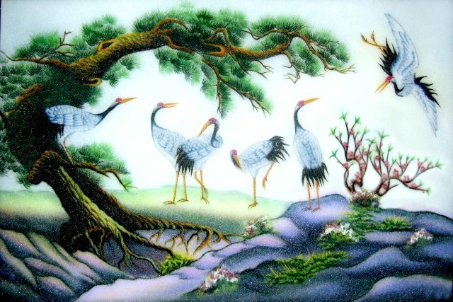 Bức tranh tùng hạc diên niên với hình ảnh chim hạc và cây tùng đơn giản, đẹp tinh tế