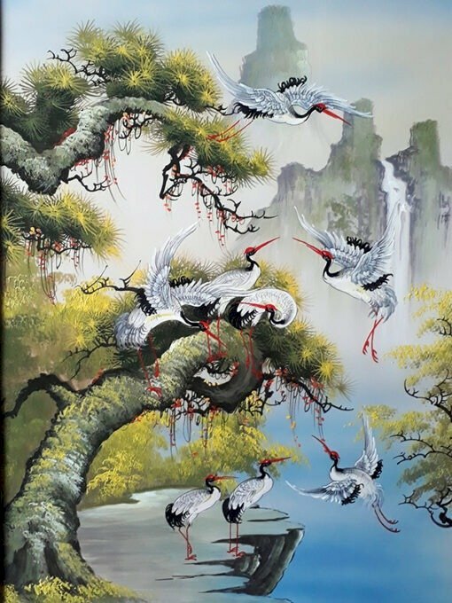 Tranh tùng hạc diên niên khổ dọc đơn giản trang trí phòng khách đẹp