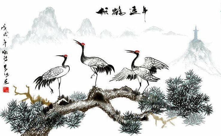Tranh tùng hạc diên niên với gam màu đơn giản đẹp sang trọng