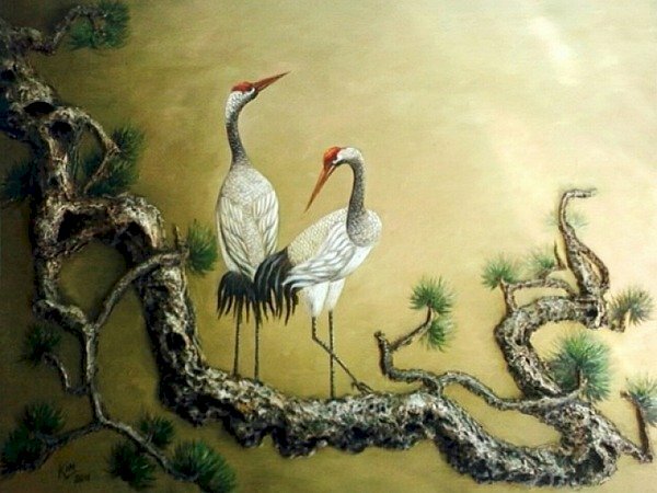 Tranh tùng hạc diên niên đơn giản với tone màu cũ gợi nhiều suy niệm