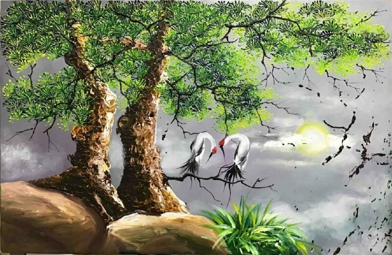 Tranh tùng hạc diên niên 3D đơn giản đẹp