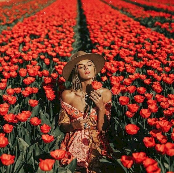 Cách tạo dáng chụp ảnh ở vườn hoa tulip cam khi ngồi với kiểu ngồi bạn chỉ cần ngồi thấp xuống vào giữa luống đi, ngồi ngang với  những bông hoa, hãy hơi ngửa đầu hướng lên trời, nhắm mắt nhẹ, hai tay cầm lấy bông hoa đưa lên trước ngực.