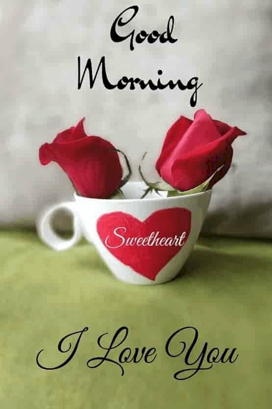 Hình ảnh chiếc ly chứ 2 cành hoa hồng đỏ tuyệt đẹp chào buổi sáng và chúc ngày mới cho người yêu